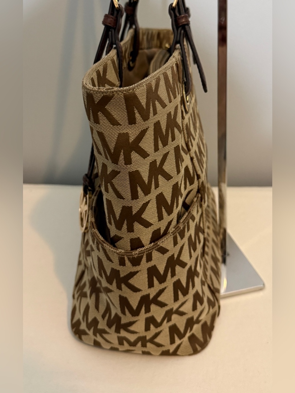 MICHAEL Michael Kors Tan and Brown MK Logo Tote with Leather Straps - Picture 6 of 16